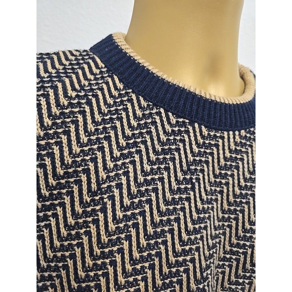 Chevron Knit Crew Neck Pullover Sweater Mens Lge Blue Cream Grandpa Retro Preppy